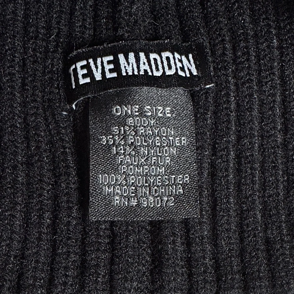 Steve Madden Black Ribbed Knit Beanie with Pom Pom